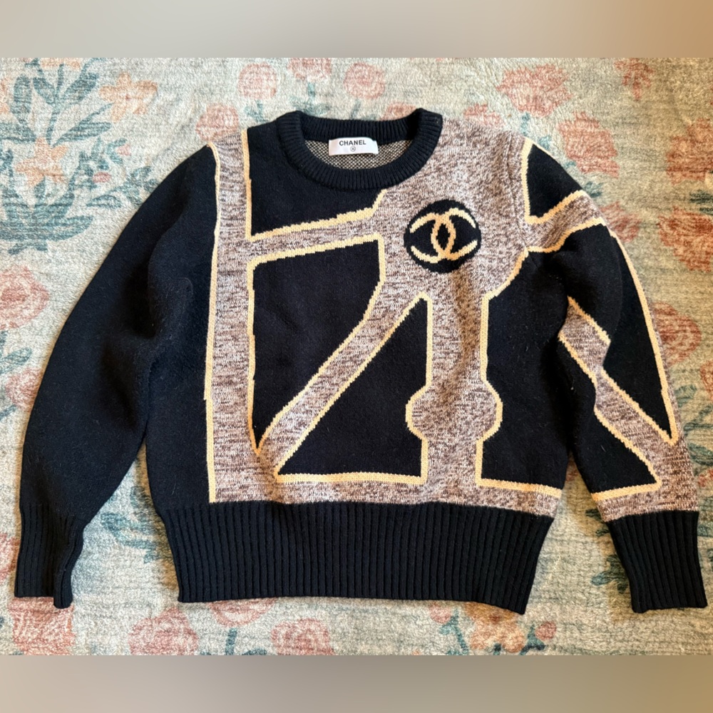 CHANEL Black and Cream Geometric Sweater